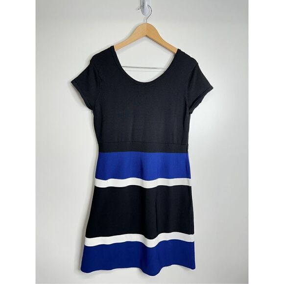Ann Klein Midi Dress Womens Medium Colorblock A-line Black/Blue Short Sleeve - Picture 2 of 7
